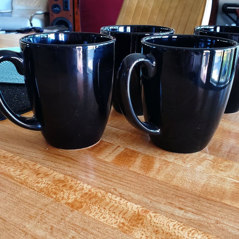 4 Corelle Black Stoneware Coffee Mugs 11 oz